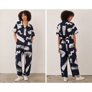 Print All Over Me Abstract Brushstroke Zip Front Jumpsuit Navy White XS